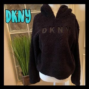 DKNY fuzzy black hooded pullover jacket